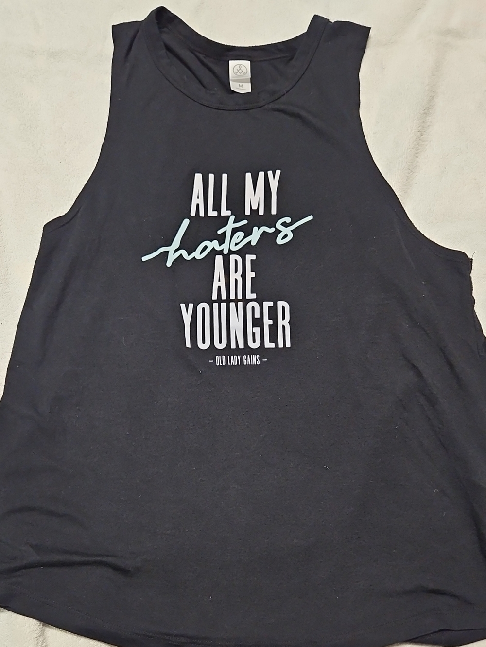 Black Tank with White and Light Blue Text Graphic